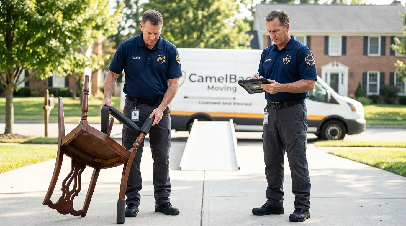 Movers inspecting furniture for damage prevention before loading in Tribes Hill, NY