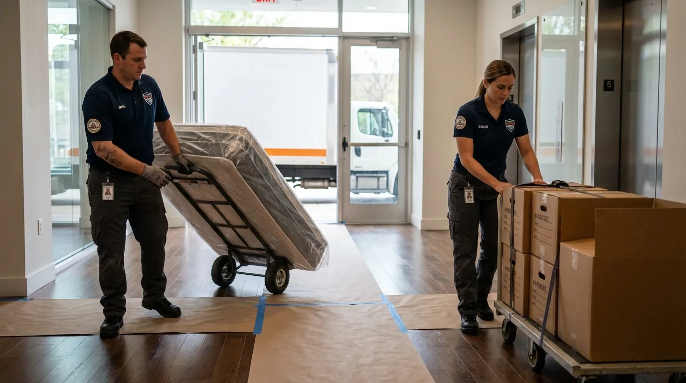 Professional apartment movers loading elevator in Tribes Hill, NY