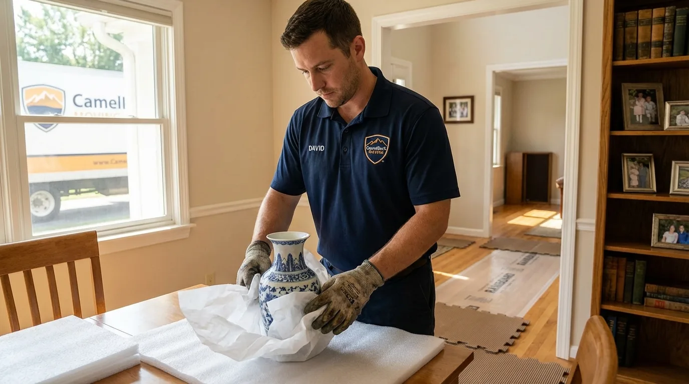 Professional crew carefully wrapping antique vase for senior downsizing move in Tribes Hill, NY